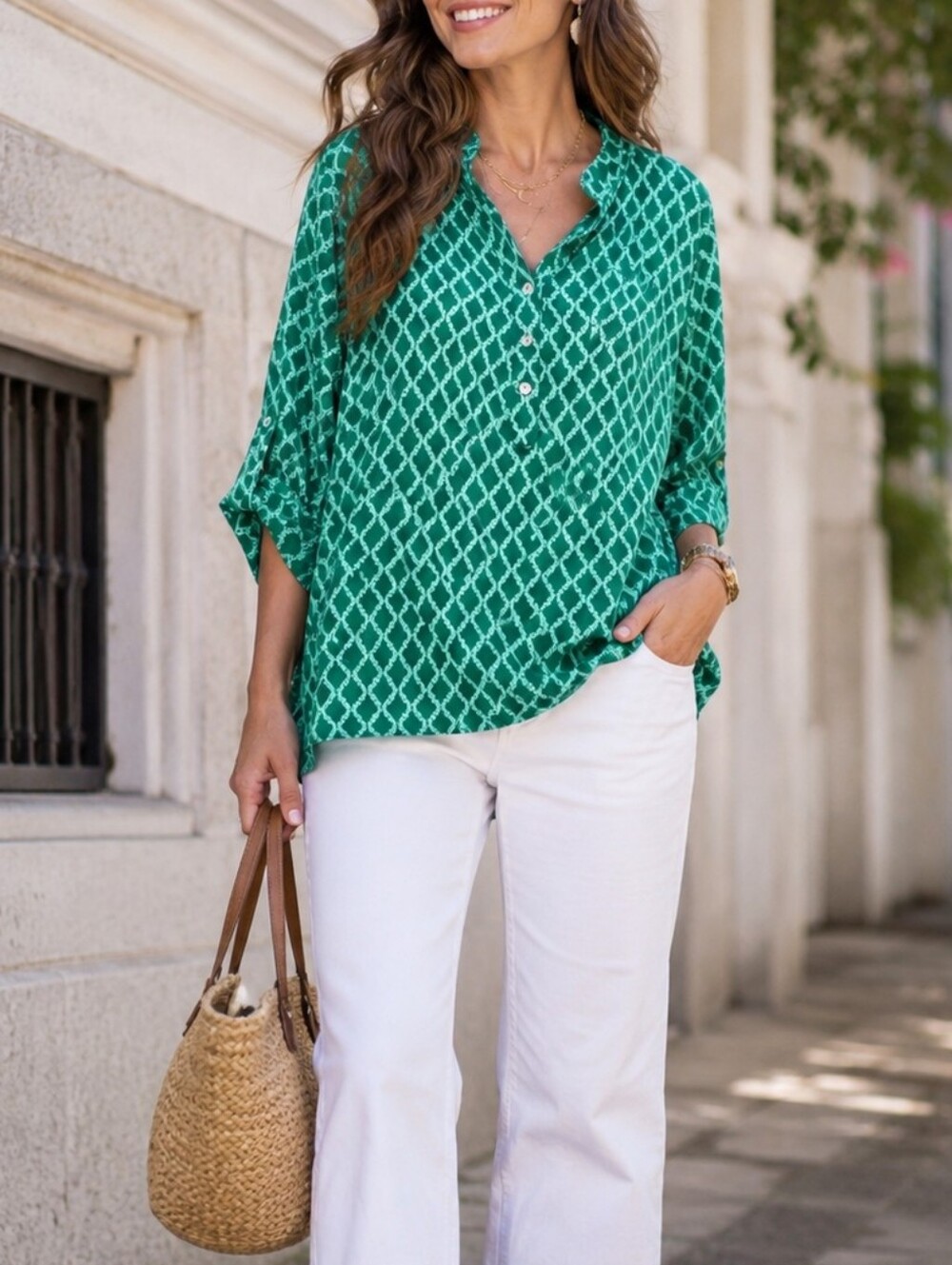 NWT Angela Mara Made In Italy Green Geometric Print Henley Blouse | Roll Tab